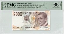 Italy 2000 Lire 1990 Pick 115 PMG Gem UNC 65 EPQ Obverse