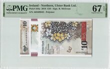 Northern Ireland 10 Pounds 2018 Polymer Pick 344a PMG Superb Gem UNC 67 EPQ Obverse