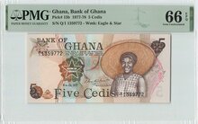 Ghana 5 Cedis 1977 Pick 15b PMG Gem UNC 66 EPQ Obverse