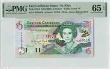East Caribbean States 5 Dollars 2000 St. Kitts Pick 37k1 PMG Gem UNC 65 EPQ Obverse