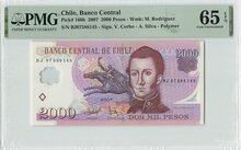 Chile 2000 Pesos 2007 Pick 160b PMG Gem UNC 65 EPQ Obverse