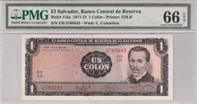 El Salvador 1 Colon 1972 Pick 115a PMG Gem UNC 66 EPQ Obverse