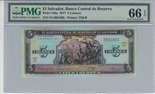 El Salvador 5 Colones 1977 Pick 126a PMG Gem UNC 66 EPQ Obverse