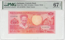 Suriname 10 Gulden 1986 Pick 131a PMG Superb Gem UNC 67 EPQ Obverse