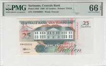 Suriname 25 Gulden 1998 Pick 138d PMG Gem UNC 66 EPQ Obverse