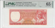 Suriname 10 Gulden 1963 Pick 121b PMG Gem UNC 65 EPQ Obverse