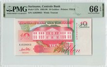 Suriname 10 Gulden 1996 Pick 137b PMG Gem UNC 66 EPQ Obverse