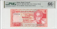 Malta 2 Liri ND 1986 Pick 37 PMG Gem UNC 66 EPQ Obverse