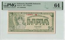 Indonesia 5 Rupiah 1947 Pick 21 PMG Choice UNC 64 Obverse