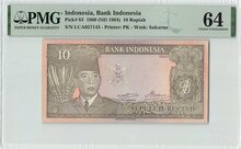 Indonesia 10 Rupiah 1960 Pick 83 PMG Choice UNC 64 Obverse