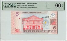 Suriname 5 Dollars 2004 Pick 157a PMG Gem UNC 66 EPQ Obverse