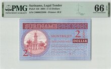 Suriname 2½ Dollars 2004 Pick 156 PMG Gem UNC 66 EPQ Obverse