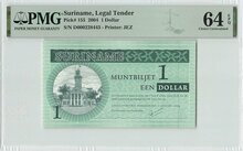 Suriname 1 Dollar 2004 Pick 155 PMG Choice UNC 64 EPQ Obverse