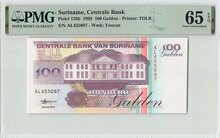 Suriname 100 Gulden 1998 Pick 139b PMG Gem UNC 65 EPQ Obverse