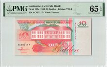Suriname 10 Gulden 1991 Pick 137a PMG Gem UNC 65 EPQ Obverse