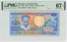 Suriname 5 Gulden 1986 Pick 130a PMG Superb Gem UNC 67 EPQ Obverse