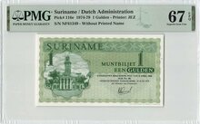 Suriname 1 Gulden 1979 Pick 116e PMG Superb Gem UNC 67 EPQ Obverse