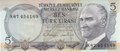 TURKEY-P.185-5-Lira-1970-(1976)-UNC